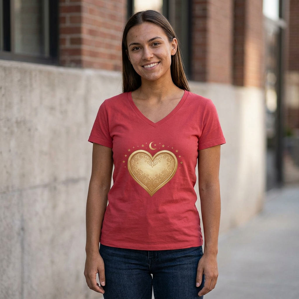 Gold Heart V-Neck Tee — Elegant Women’s Top